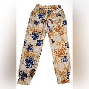 Men's Graffiti Print Joggers - Cream and Blue